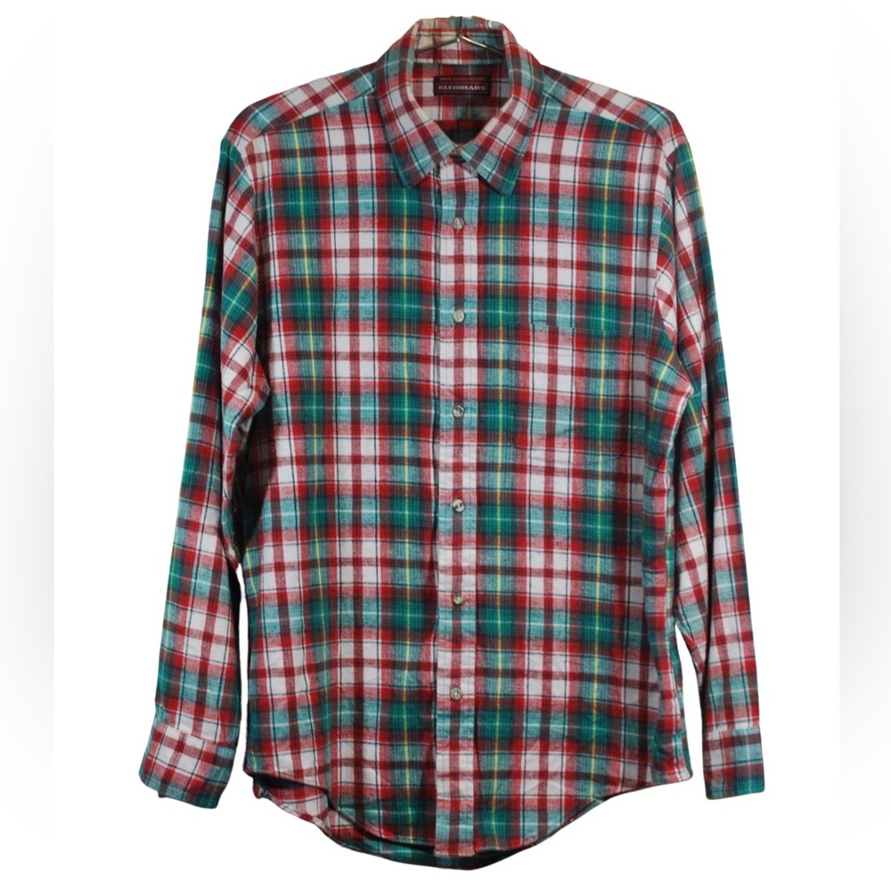 Vintage Kleinhans Plaid Flannel Button Down Red White Green L Large 16 16.5